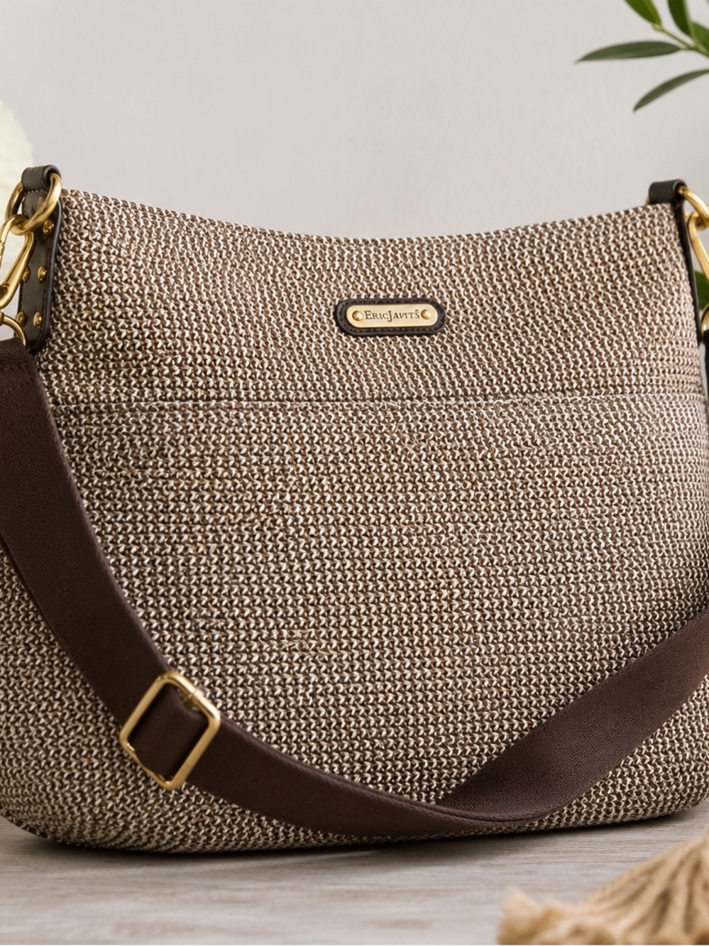 Eric Javits New York Squishee Woven Shoulder Bag Brown Beige Gold Hardware Large